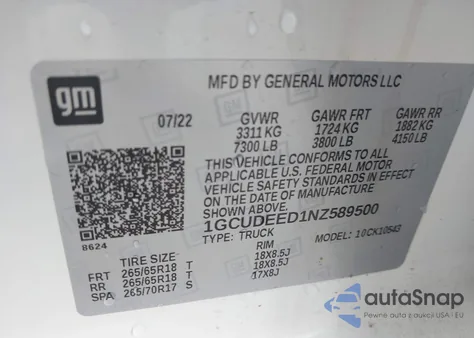 2022 Chevrolet Silverado 1500 4Wd Short Bed Rst z USA, uszkodzony, nr VIN 1GCUDEED1NZ589500